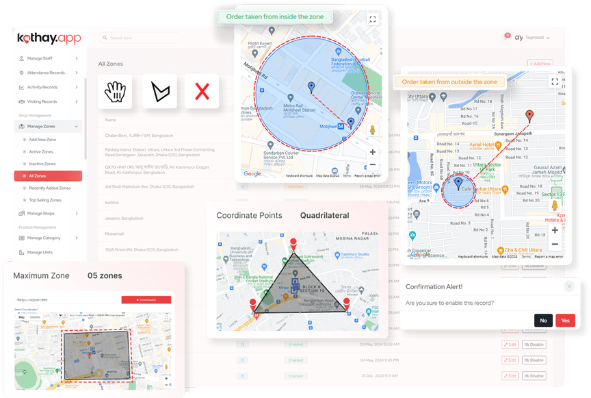Kothay zone management: a list of named Dhaka zones, drawing tools for polygons, a circular geofence with an order taken inside it, a second map with an order taken outside the zone, and a quadrilateral of coordinate points.