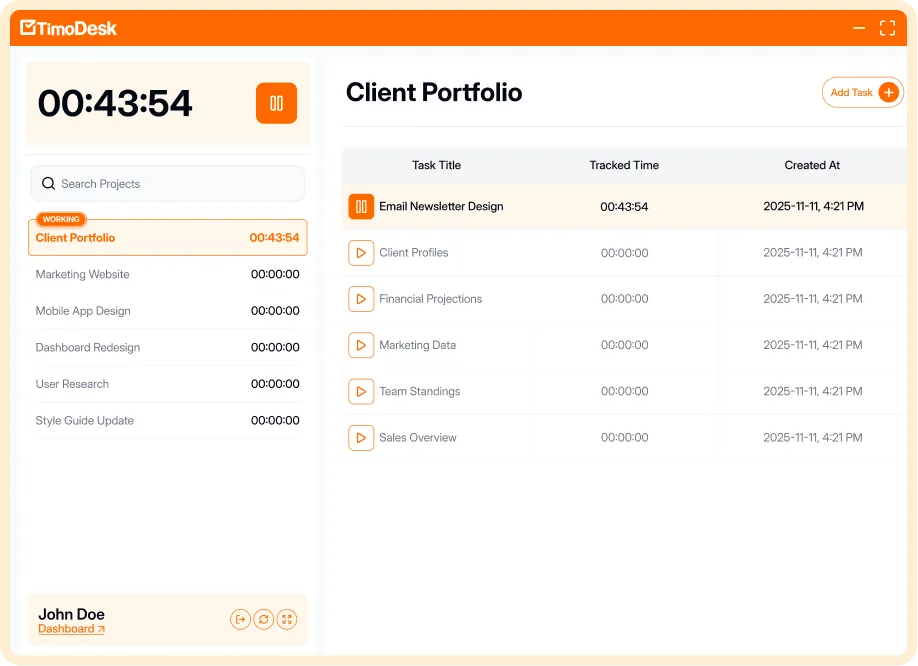 The TimoDesk desktop app showing a running timer of 00:43:54 beside a project list and a task table with tracked time per task.